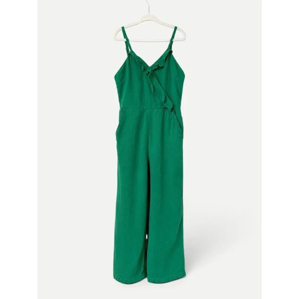 GB Girls Green Ruffle Wrap Jumpsuit Size 7 Wide Leg Adjustable Straps